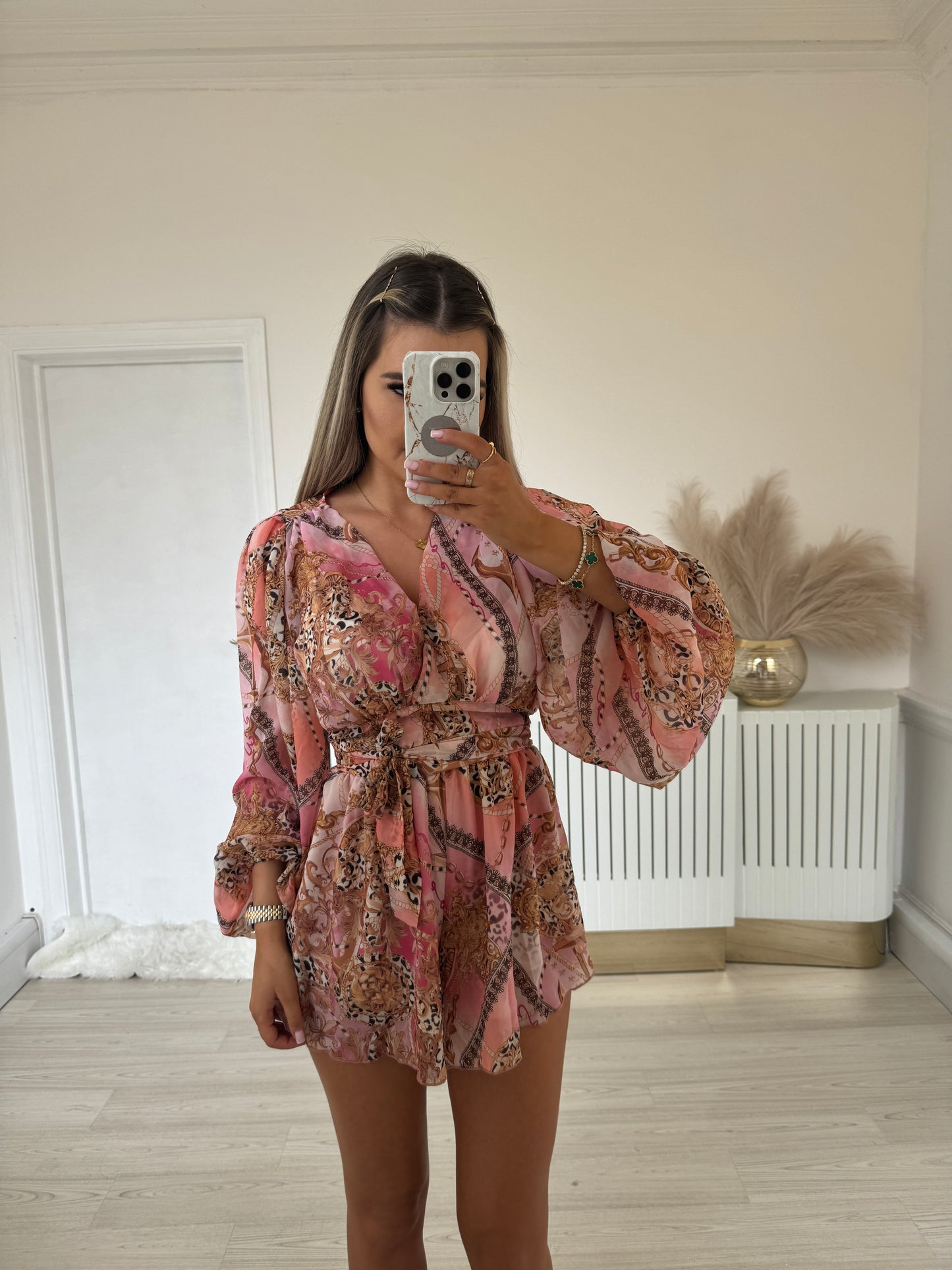 Pink & gold chains print chiffon set