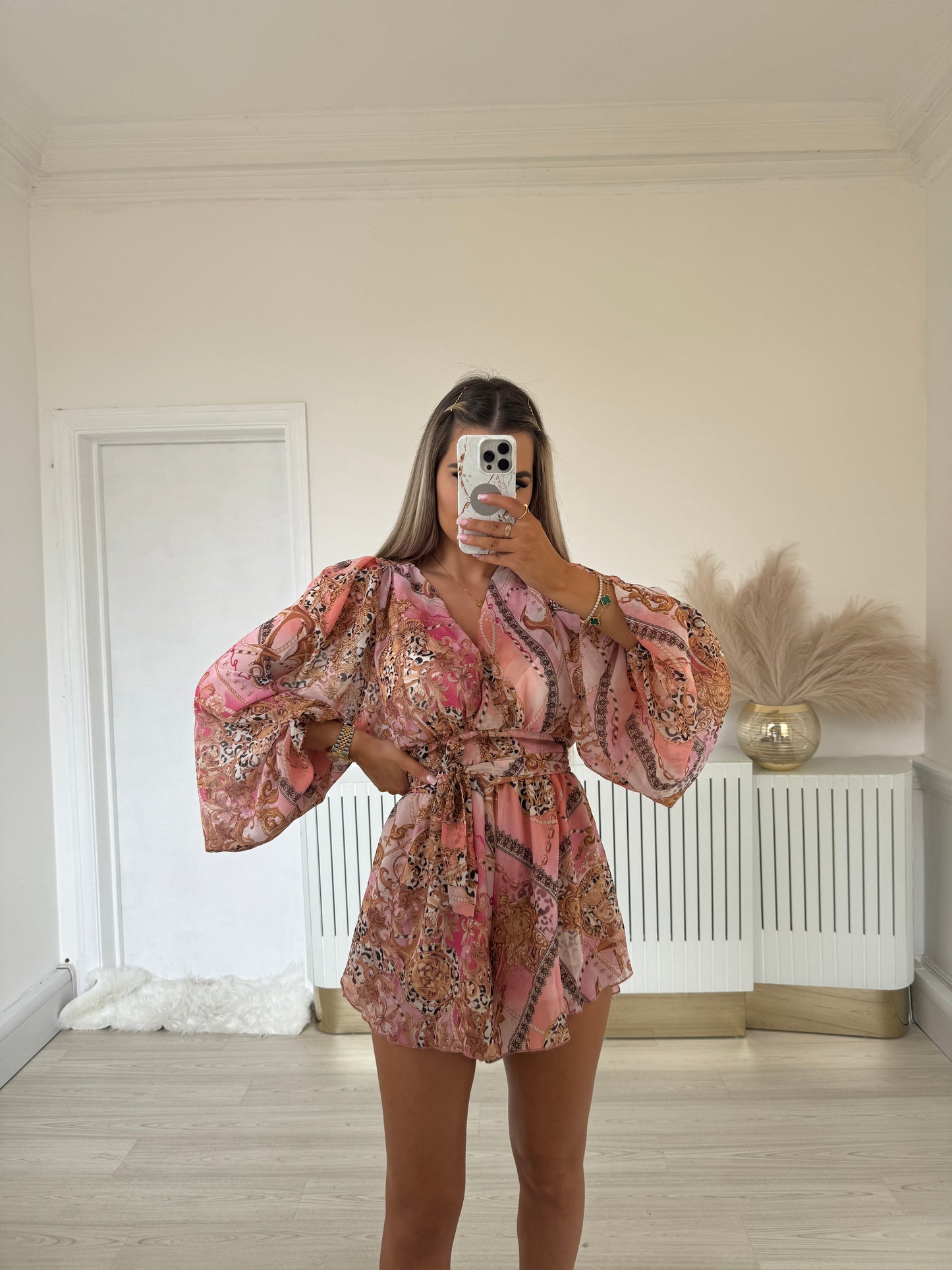 Pink & gold chains print chiffon set