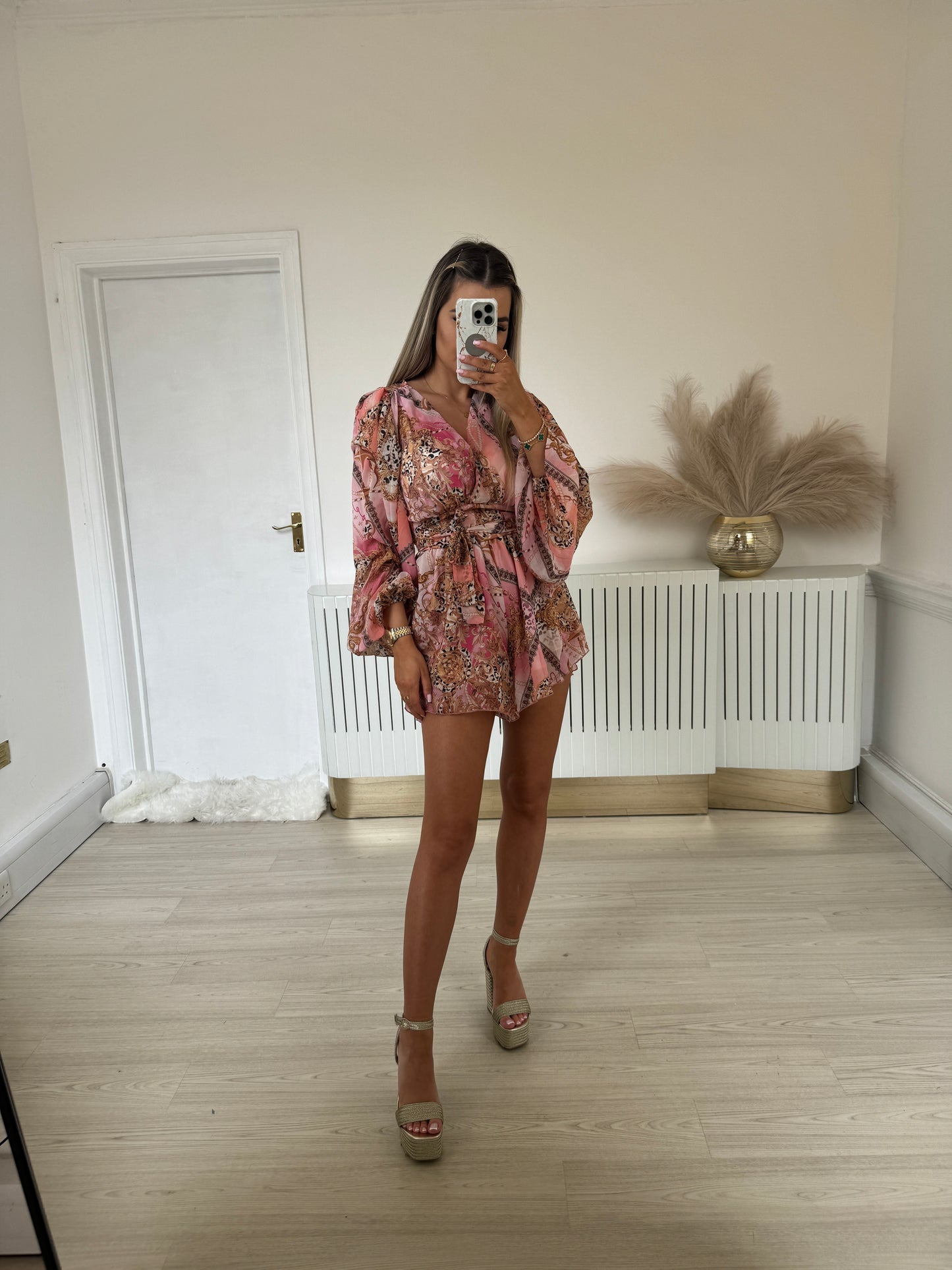 Pink & gold chains print chiffon set