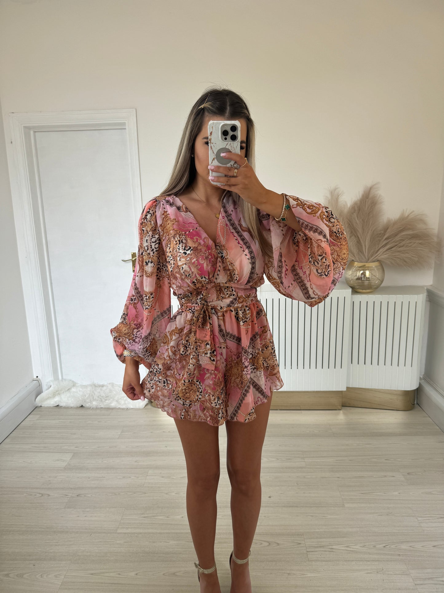 Pink & gold chains print chiffon set