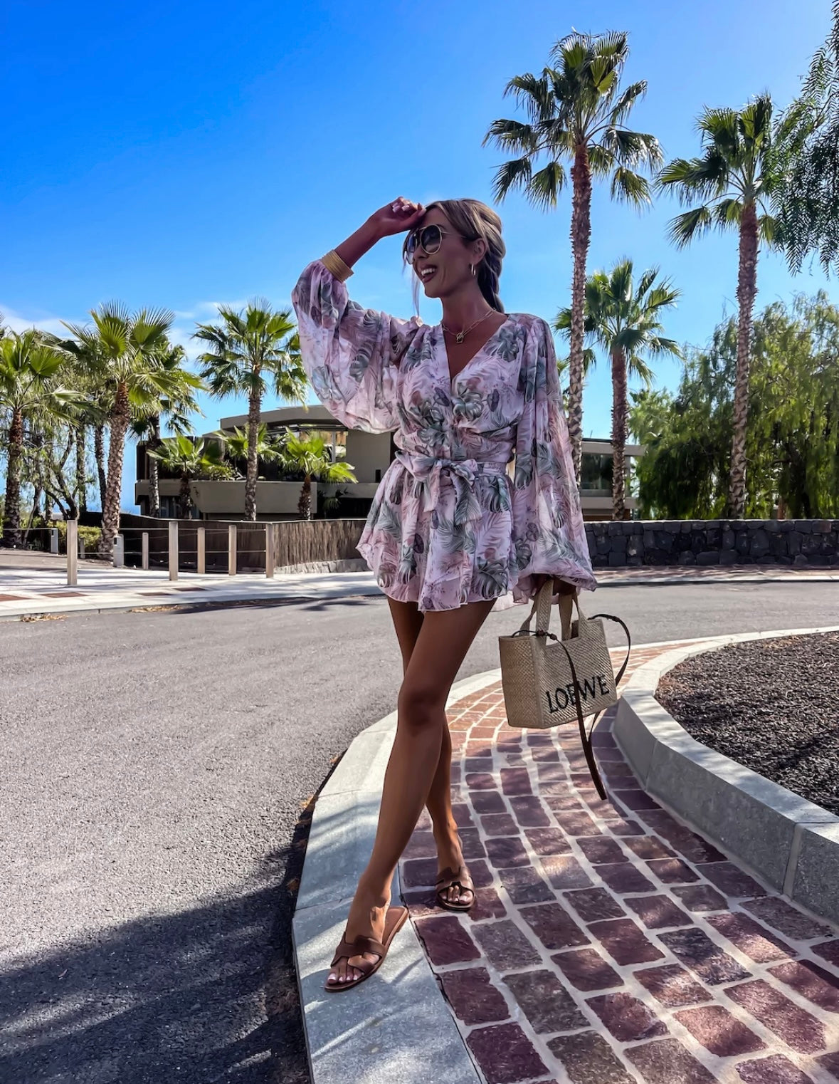 Pale pink & leaves print chiffon set