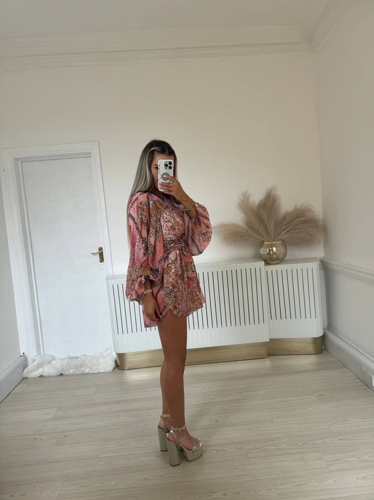 Pink & gold chains print chiffon set
