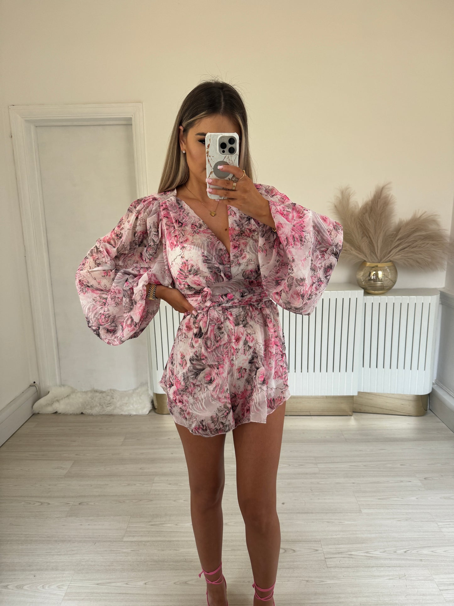 Pink & black roses print chiffon set