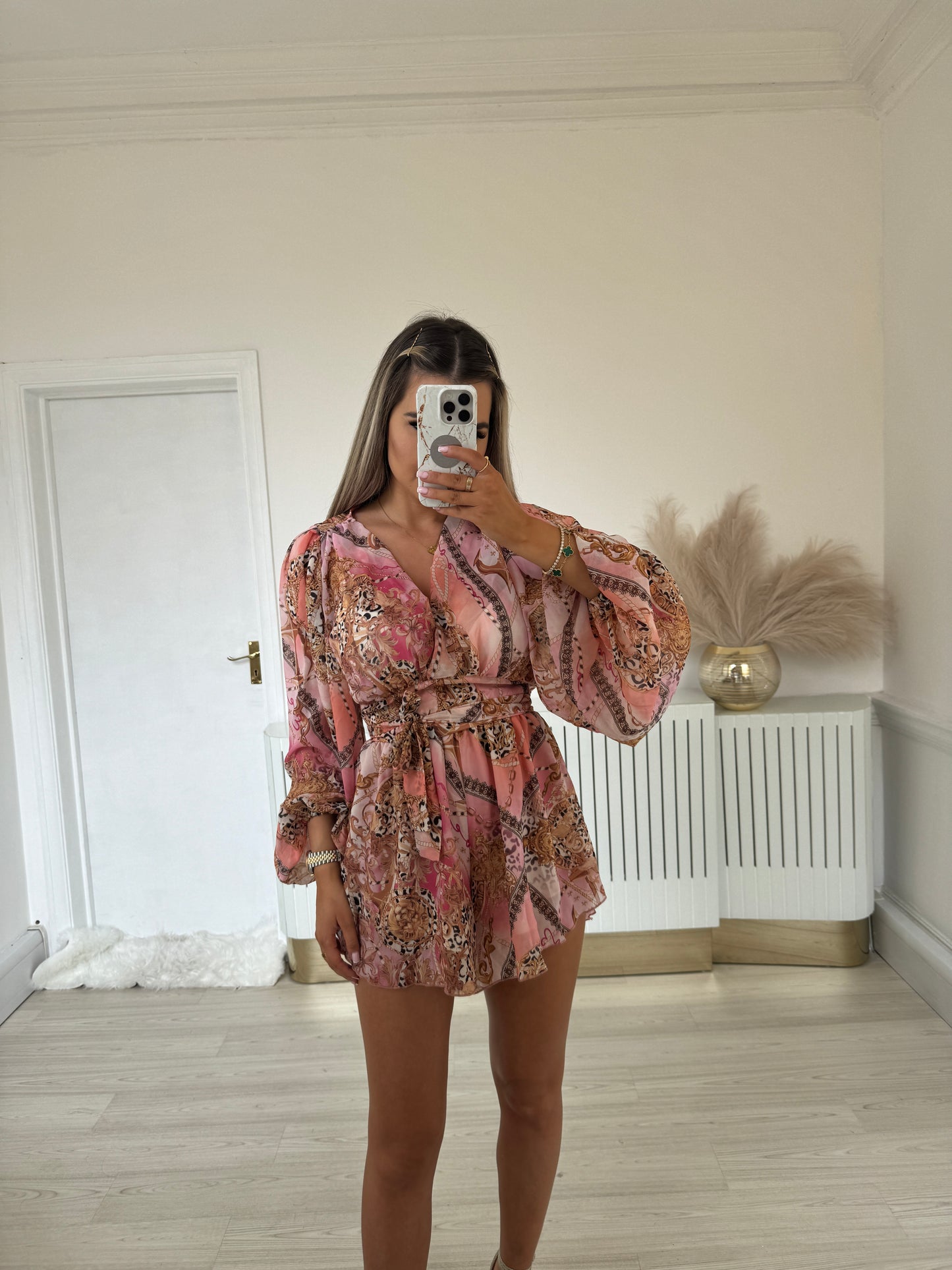 Pink & gold chains print chiffon set