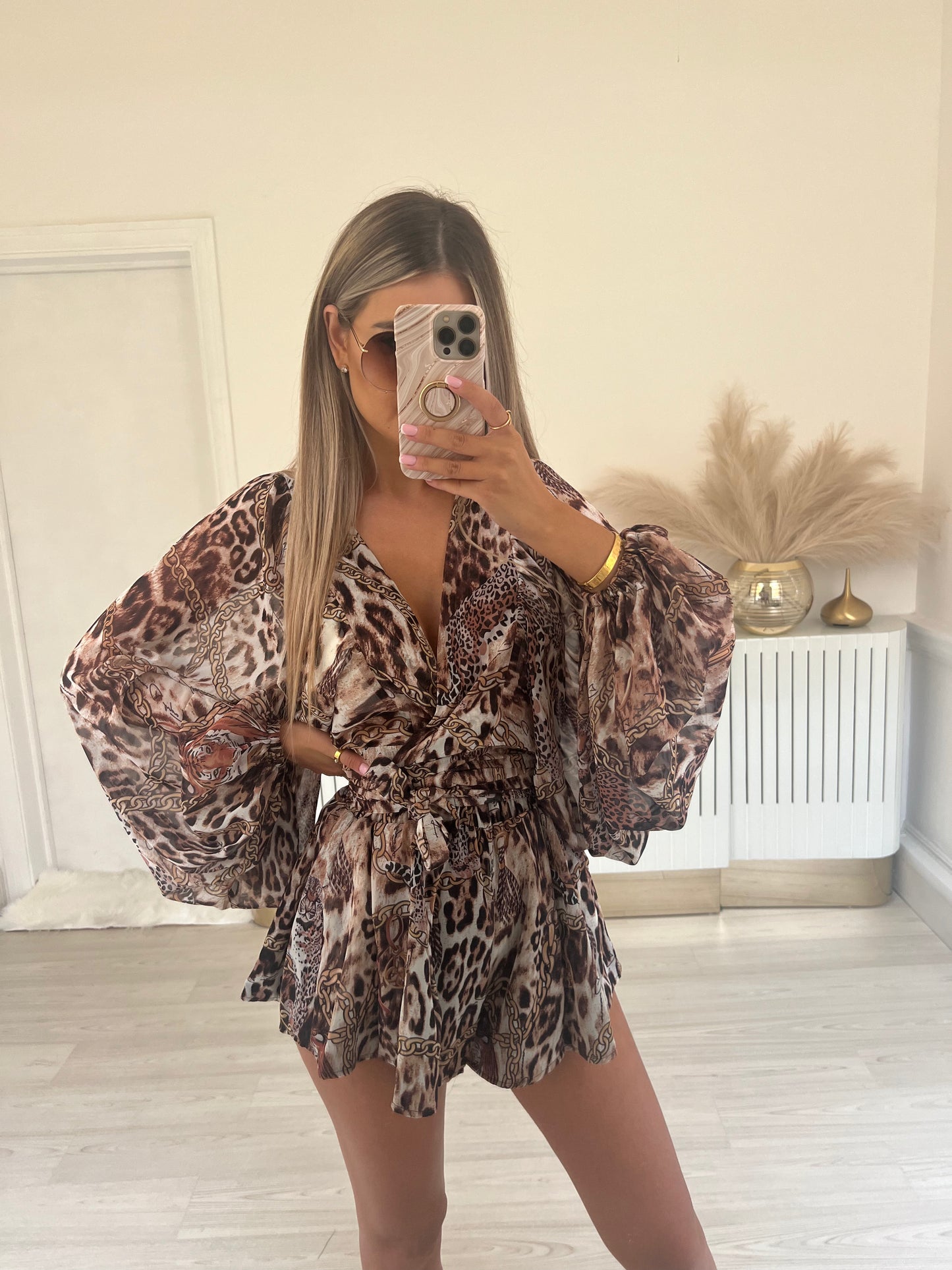 Brown & gold print chiffon set