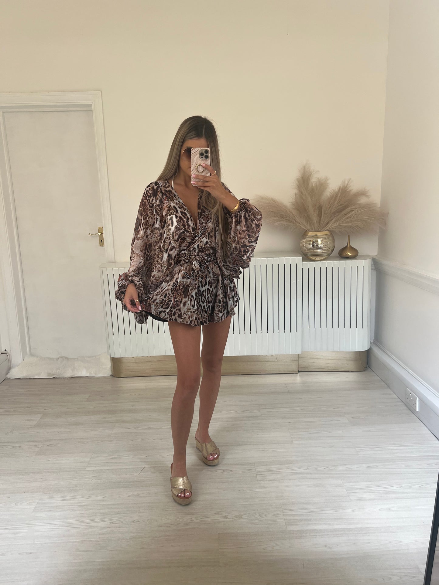 Brown & gold print chiffon set