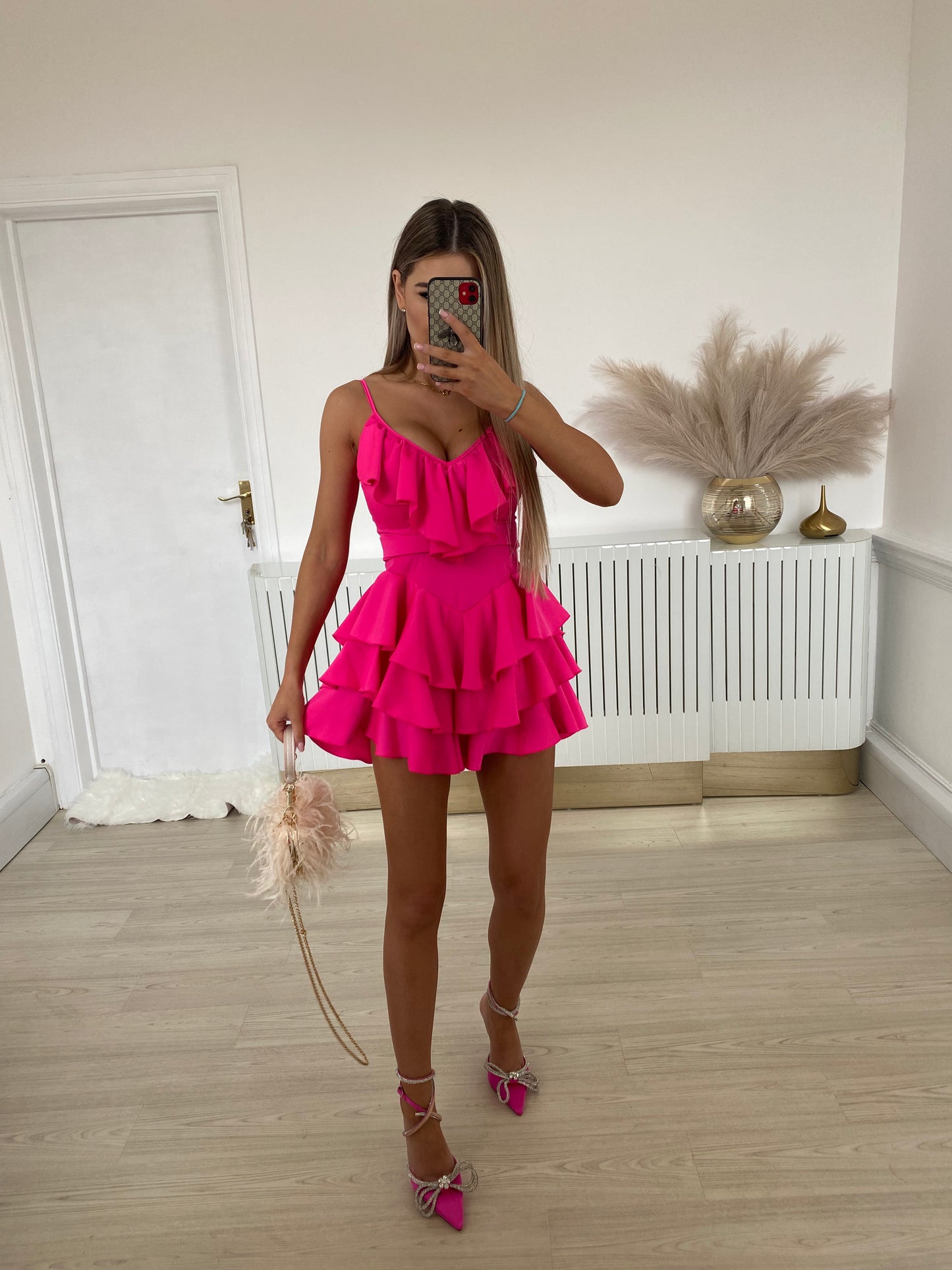 ABBIE shiny hot pink ruffle dress