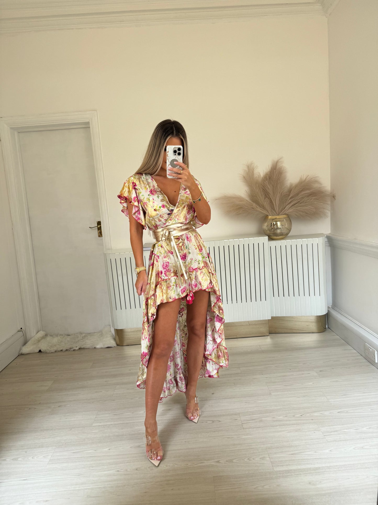 Red, pink and gold long print dress