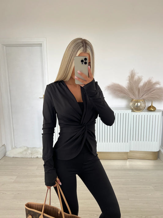 BLACK GYM SET BUNDLE - KNOT TOP + BRA + LEGGINGS
