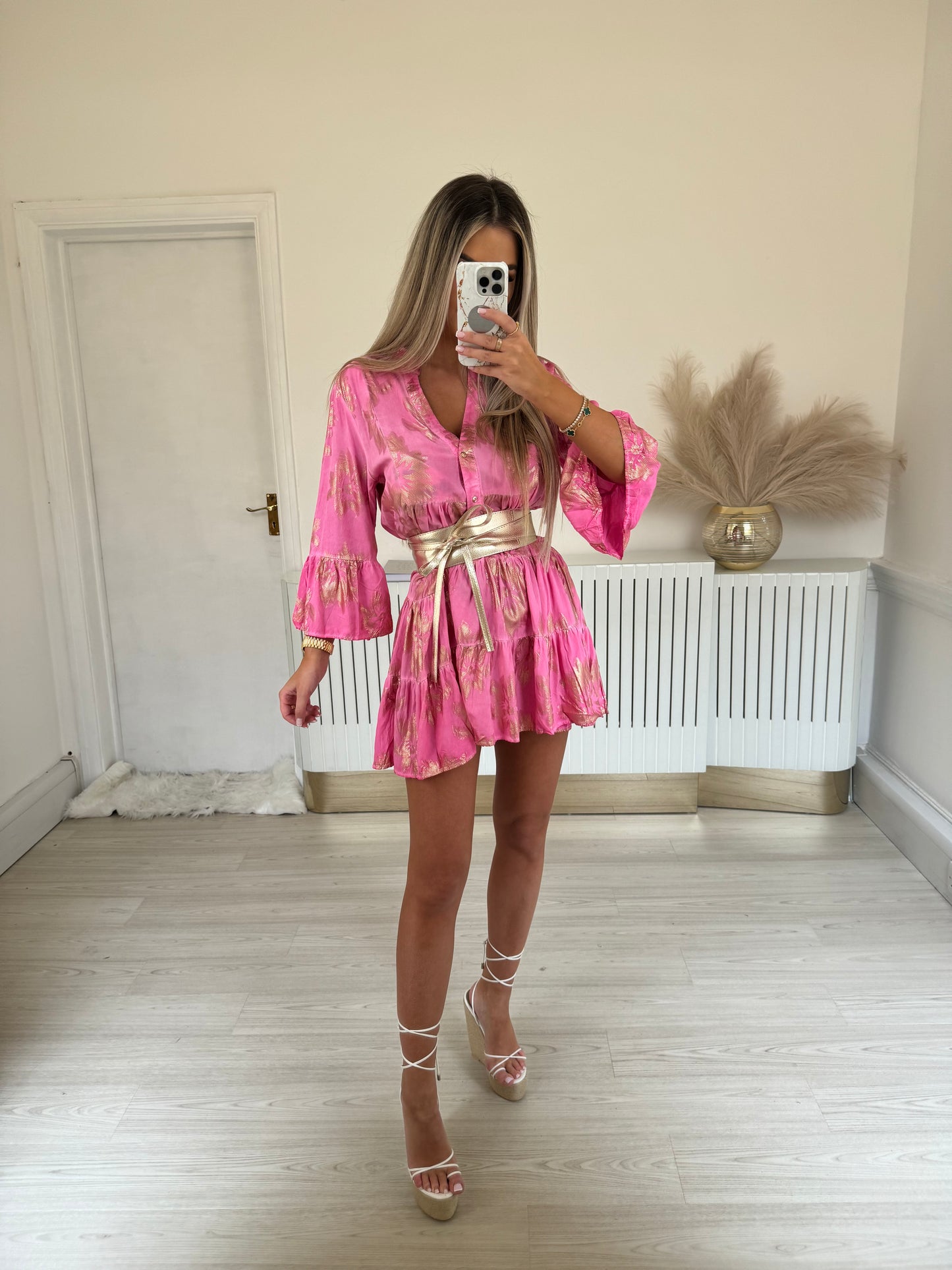 Pink and gold print dress