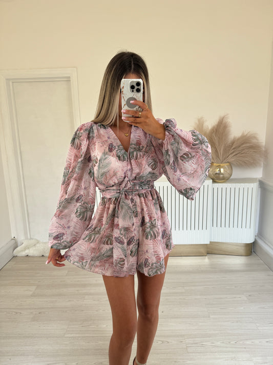 Pale pink & leaves print chiffon set