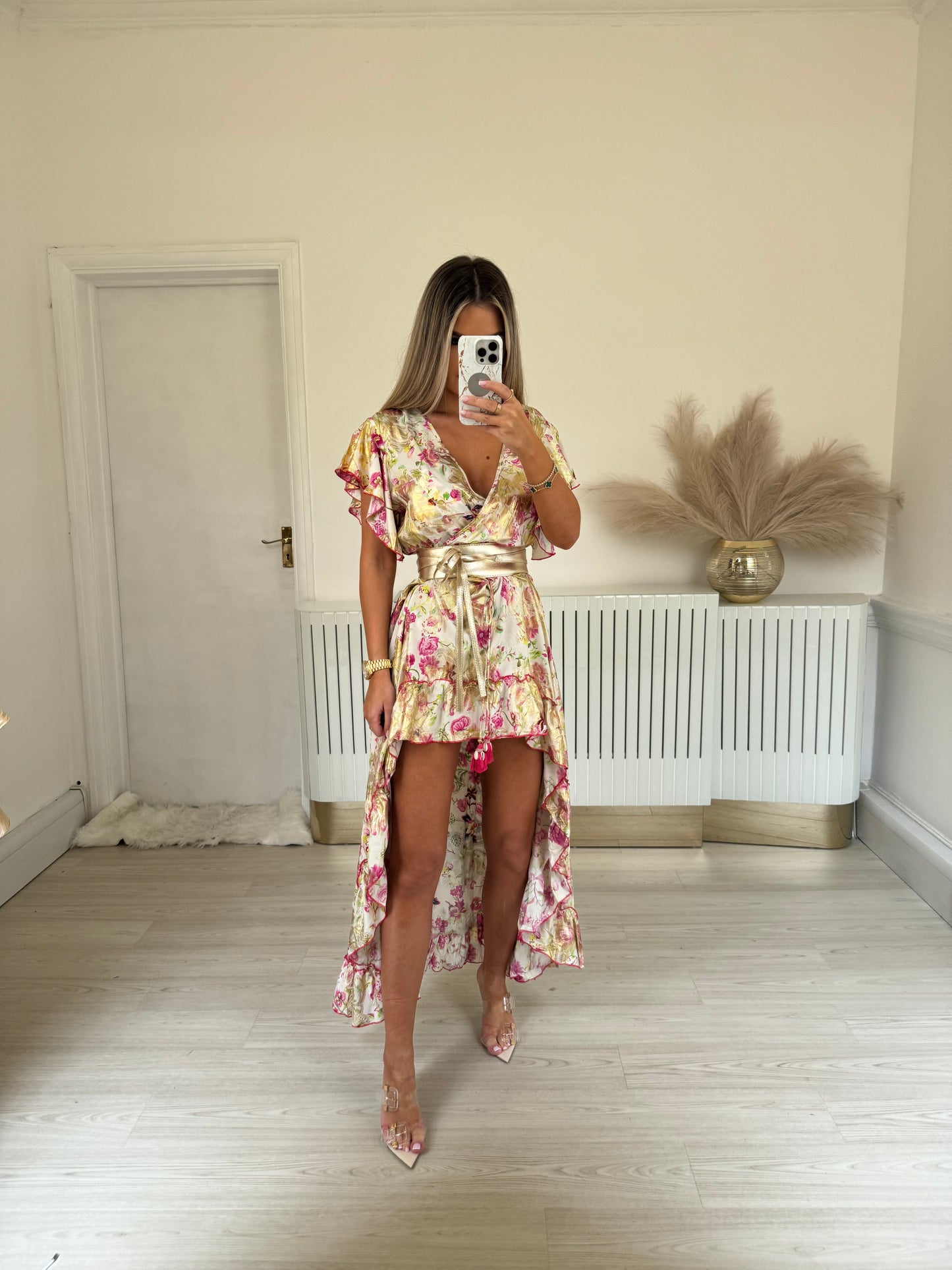Red, pink and gold long print dress