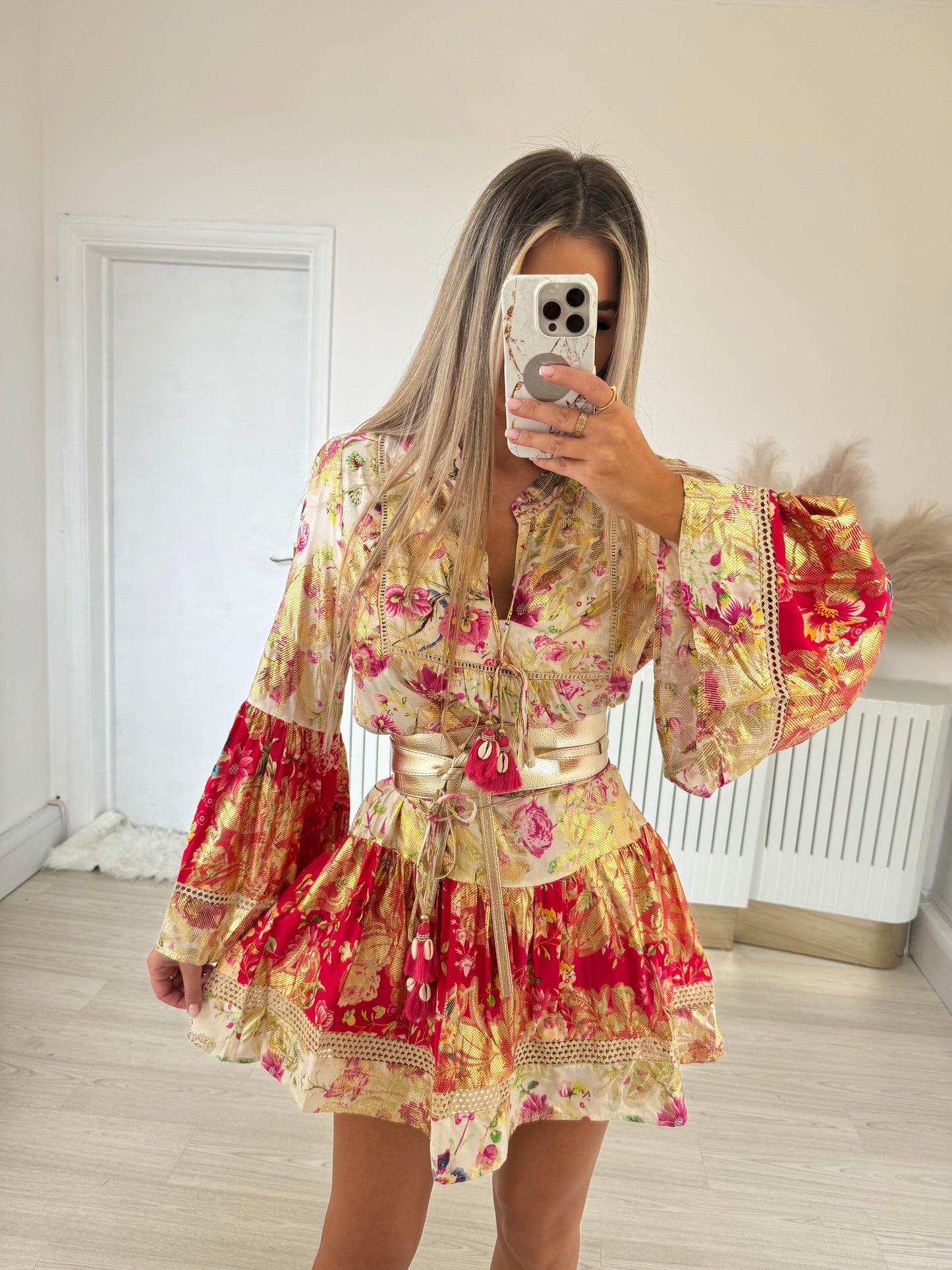 Red, pink and gold print dress