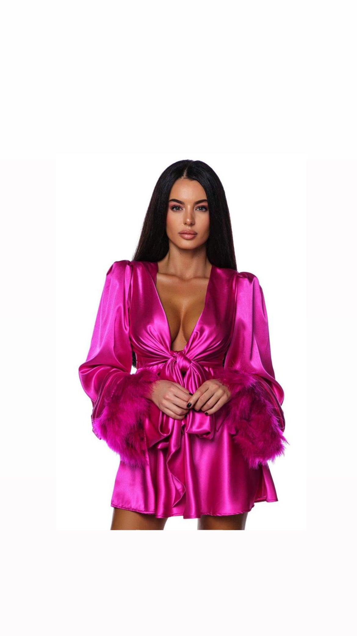 RUBY satin dress with feather cuffs