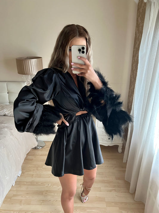 RUBY black satin dress with feather cuffs